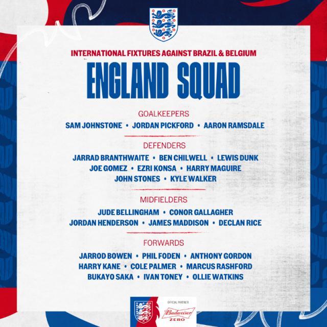 英格兰队公布新一期大名单：贝林厄姆领衔戈登在列